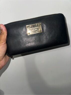 Michael Kors Black Leather Zip-Around Wallet with Gold Plate